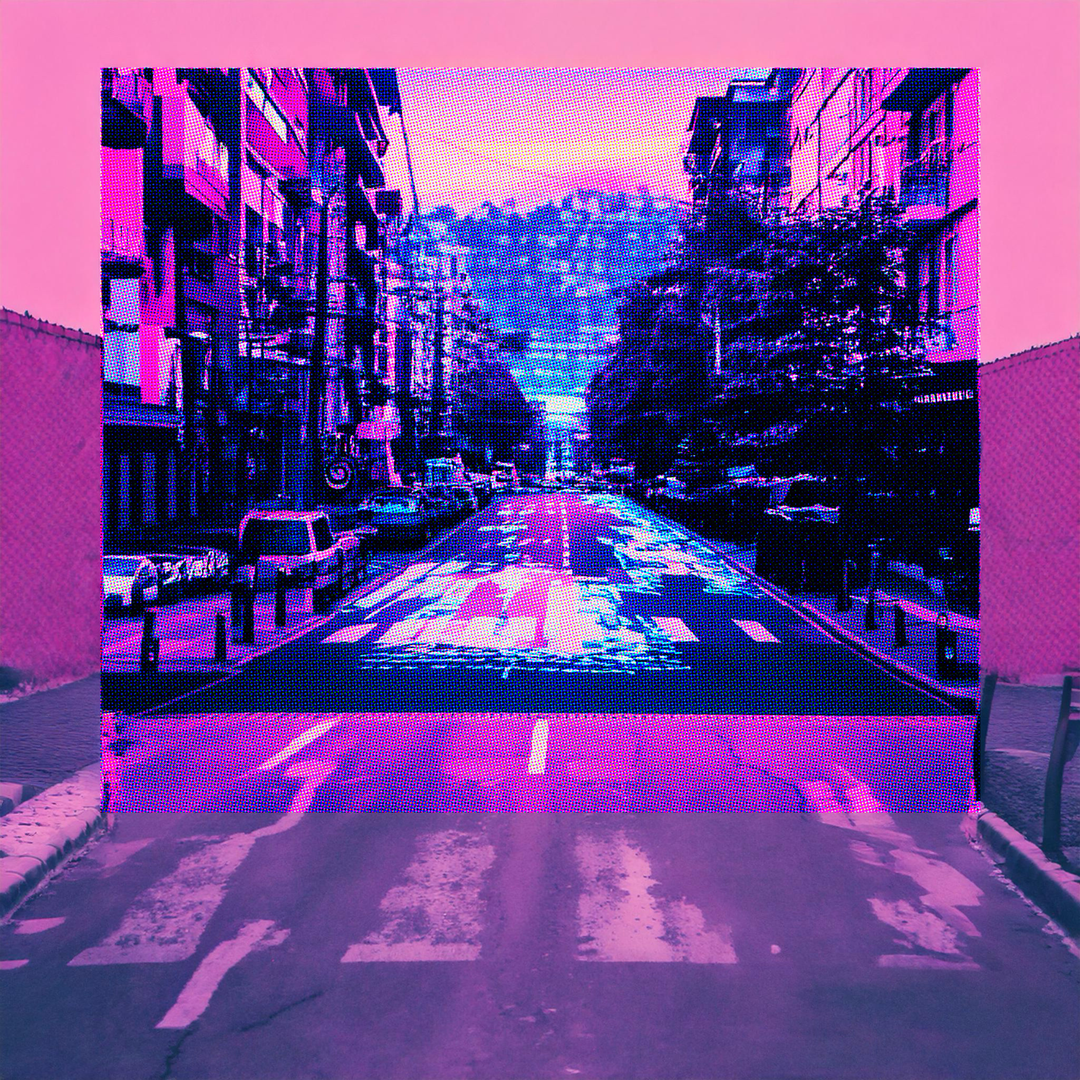 This features two images, the background image is a road with a zebra crossing. Overlaid is an image of a typical street with buildings either side and cars lined up on the side of the street. There are also trees and a large stretch of road which centres the image. The whole image has a purple filter and a pixel effect. 
