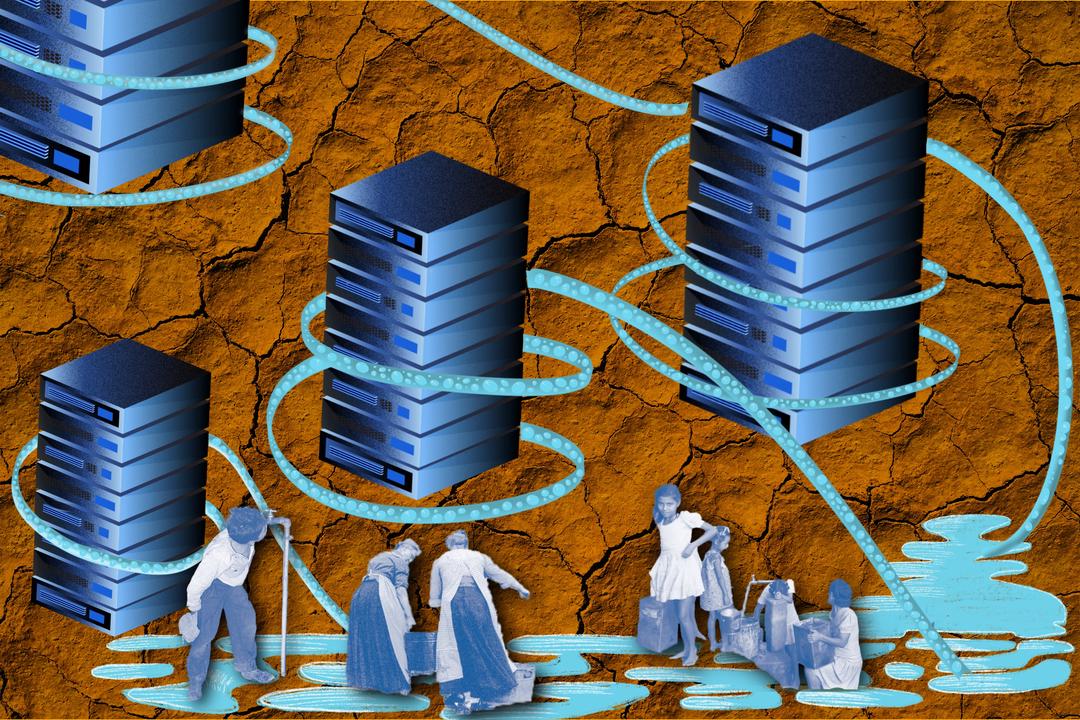 Cooling pipes hug data servers, extracting water from a shared reservoir while people collect water from the same source, set against a background of eroded soil textures.